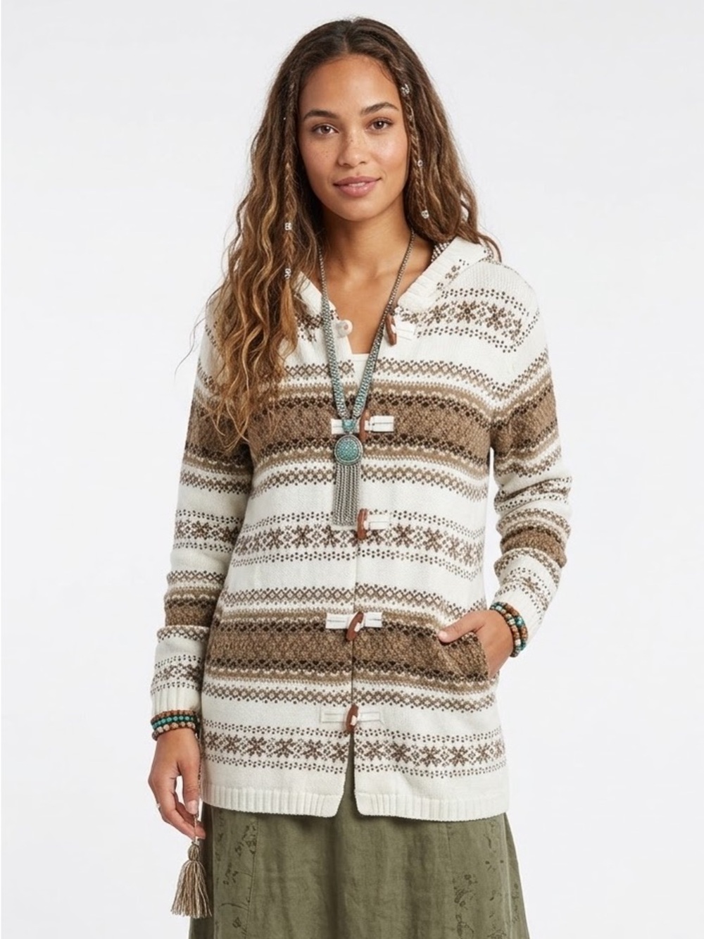 Northern Reflections Hooded Knit Cardigan Fair Isle Toggle Cabincore Cozycore